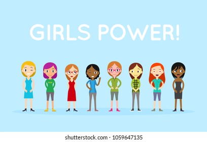 International Diverse and interracial group of standing women. Girls power concept, feminine and feminism ideas, woman empowerment and role cards design.