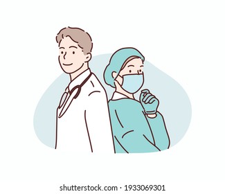 International Doctor Team. Hospital Medical Staff. Hand Drawn Style Vector Design Illustrations.