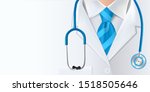 International doctors day background. Medical health care banner  design with doctor, stethoscope and blue necktie. Vector illustration