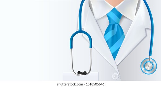 International doctors day background. Medical health care banner  design with doctor, stethoscope and blue necktie. Vector illustration