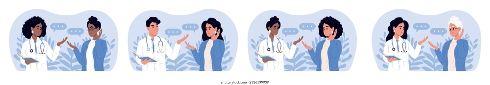 International Doctor's Day is celebrated of October. Doctors and patients of different races and ages. World Health Day. Male and female doctors talking to patients during consultation.