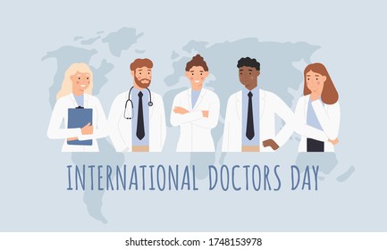 International doctors day. Clinical professionals, men and women doctors in white medical gowns with world map. Healthcare vector concept. Medical doctor day, hospital staff care illustration