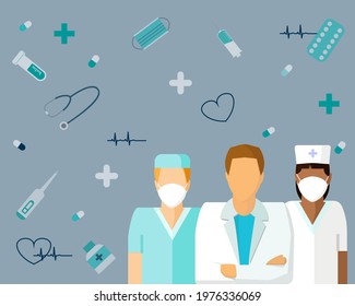 International Doctor's Day. Flat illustration of doctor and nurse with medical symbols and instruments isolated on blue background. Flat illustration for a poster and greeting card.
