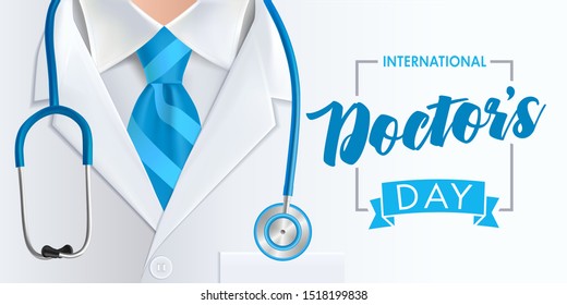 International doctors day greeting card design. Medical health care banner background with stethoscope and blue necktie. Vector illustration