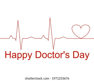 International Doctor's Day. Lettering of happy doctor's day with symbol of heartbeat, heart and isolated on white background. Flat illustration for a poster, banner and greeting card. Vector icon.
