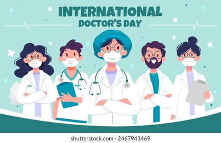 International Doctors Day. Thank you medical staff and nurses for fighting infection and disease. Poster with team of doctors, therapists and practitioners in uniform. Cartoon flat vector illustration