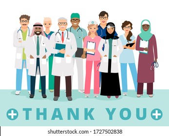 International doctors team. Thanks to medical workers poster. Nurse, emergency healthcare or hospital staff vector illustration