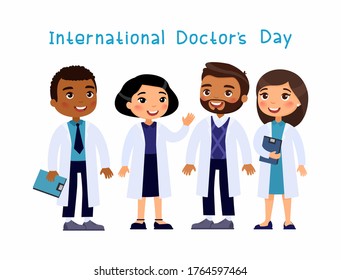 International Doctors`s Day concept. Multicultural medical workers  smiling and waving. Cute cartoon characters. Flat vector on white background.