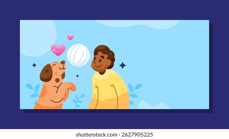 international dog day banner concept. illustration of a man playing ball with his dog. love with his dog. owner with pet. happy world dog day. horizontal blue background. flat style. celebration