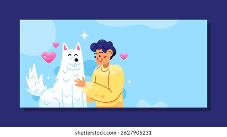 international dog day banner concept. illustration of a man hugging his dog. love with his dog. owner with pet. happy world dog day. horizontal blue background. flat style. celebration and event