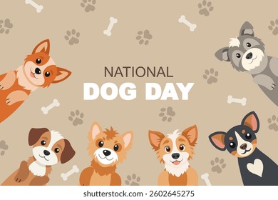 International Dog Day banner with cute dogs on beige background with paw prints and bones. Flat style illustration.