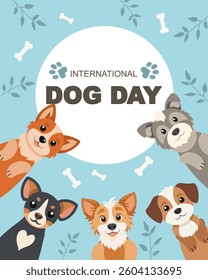International Dog Day banner with cute dogs on blue nature background. Flat style illustration.