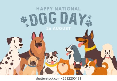 International Dog Day. Cartoon banner with dog group. Card with various doggy breeds. Pet friendly background. Funny animals for design poster. Vector concept.