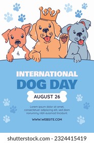 Celebración del Día Internacional del Perro. antecedentes del día internacional del perro. Día mundial del perro. 26 de agosto. Ilustración vectorial. afiche, pancarta, tarjeta de saludo, volante. Feliz Día Nacional del Perro. venta. evento, fiesta.