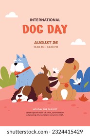 Celebración del Día Internacional del Perro. antecedentes del día internacional del perro. Día mundial del perro. 26 de agosto. Ilustración vectorial. afiche, pancarta, tarjeta de saludo, volante. Feliz Día Nacional del Perro. venta. evento, fiesta.