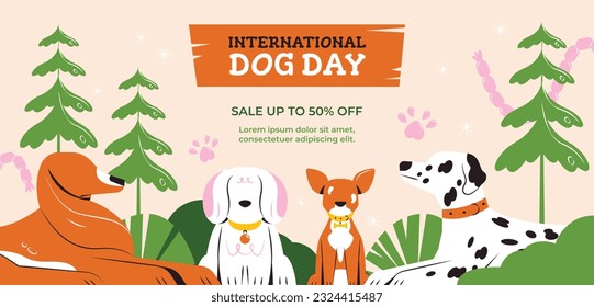 Celebración del Día Internacional del Perro. antecedentes del día internacional del perro. Día mundial del perro. 26 de agosto. Ilustración vectorial. afiche, pancarta, tarjeta de saludo, volante. Feliz Día Nacional del Perro. venta. evento, fiesta.