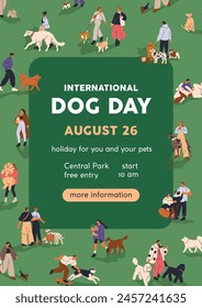 International Dog Day celebration poster, flyer template, inviting card design. Canine event, pet holiday promotion, advertising placard. People and puppies, vertical banner. Flat vector illustration