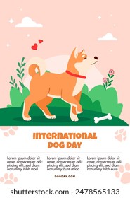 International Dog Day celebration poster, flyer template, inviting card design. Canine event, pet holiday promotion, advertising placard. Vector illustration