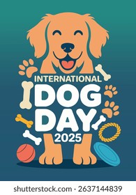 International Dog Day, Cute Golden Retriever Illustration with Toys and Bones