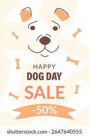 Modelo vertical do Dia Internacional do Cão com um cão feliz. Cartão postal dedicado às férias de animais de estimação. Plano de fundo para design de cartaz, cartões postais, convites, panfletos.