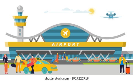 International and domestic airport concept banner, visitor male female character order taxi car flat vector illustration. Tourist people carry baggage, travel around world, trip global journey.