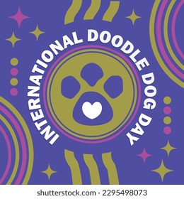 International Doodle Dog Day vector banner design with curved typography, dog paw print, geometric shapes, heart shape and purple pink colors. International Doodle dog Day  modern simple poster.