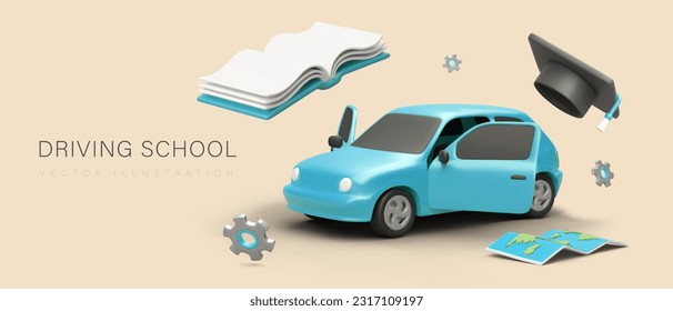 International drivers license, permit. Traffic rules of different countries. Certified documents. Vector concept with 3D car, world map, student accessories