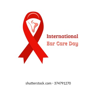 International ear care day emblem, with red cross ribbon, vector illustration.