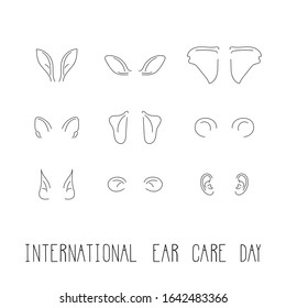International ear care day vector illustration. Different types of ears isolated on blue background. Simple health care poster. Handwritten phrase.