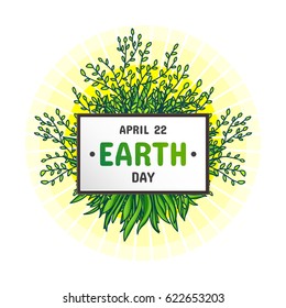 International Earth Day, April 22. The event theme is Environmental and Climate Literacy. Grass and bush branches illuminated by the rays of the rising sun