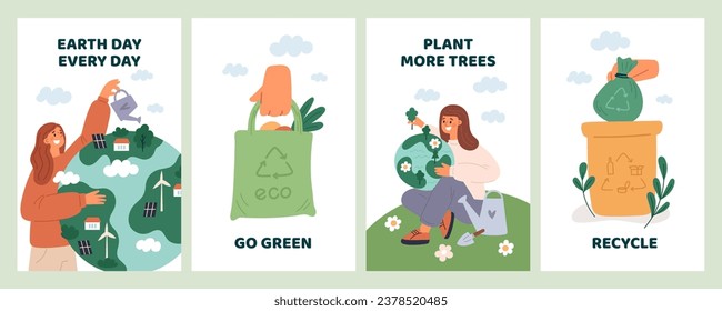 International Earth Day cards. Environmental protection. Saving planet theme. Ecology conservation and nature care. Recycled products. Planting trees. Reuse eco bag