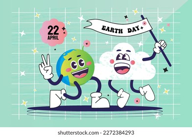 International Earth Day. Cartoon cute smile earth planet character. Cloud hugging the Earth in retro style. Hugs. Flower Power Planet. Save the Earth. 70s. 60s. Green planet. Vector.
