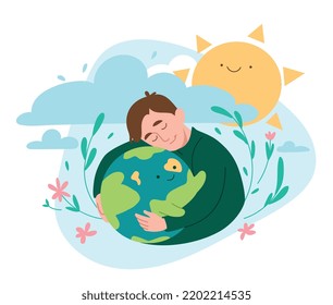 International Earth Day concept. Young happy guy hugging round smiling planet. Character takes care of nature and protects environment. Ecology and biodiversity. Cartoon flat vector illustration