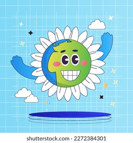 International Earth Day. Earth like a daisy flower. Cartoon cute smile planet character. World Environment Day in retro style. Flower Power Planet. Save the Earth. 70s. 60s. Green planet. Peace.Vector