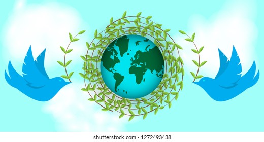 International earth day. Pigeons build a nest of twigs. Day of peace, planets, environment. Vector illustration