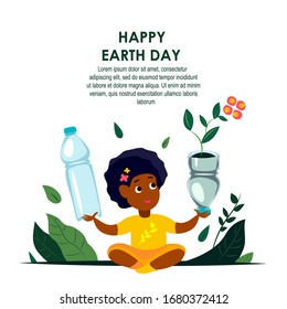 International Earth Day.African Child Hold Reused,Utilized Plastic Bottle for Planting Flowers.Ecology Support. Environment Friendly Concept.Upcycle Reutilization,Reduce Waste.Flat vector illustration