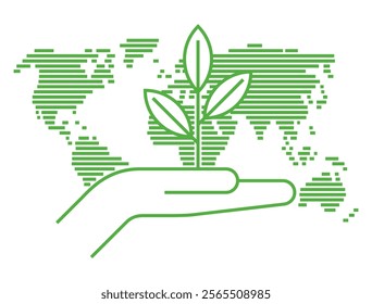 International ecological and sustainable strategy decoration - Hand holding plant with linear World map on background. Bold line, simple style