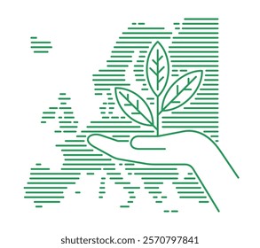 International ecological and sustainable strategy decoration - Hand holding plant with linear Europe map on background. Thin line, simple style