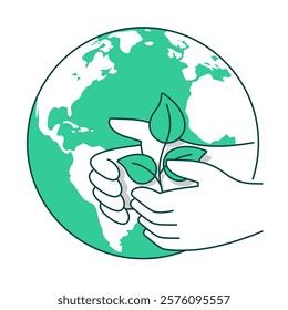 International ecological and sustainable strategy decoration - Hand holding plant with Earth globe on background. Thin line, simple style