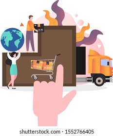International ecommerce and shipping services, vector illustration. E-commerce and parcel delivery composition with characters, delivery truck for web banner, website page etc.