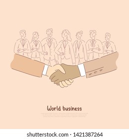 International economic cooperation, business partners shaking hands after successful negotiations banner