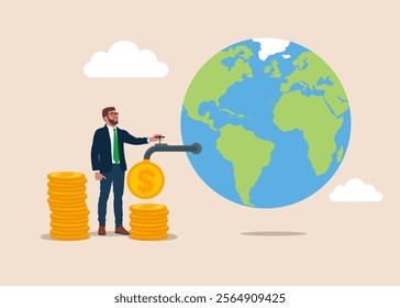 International economy. Businessman opening water tap to and money poring out of businesses. Developed market and emerging markets. Modern flat vector illustration