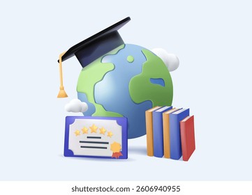 International education 3D illustration vector. Move to study cartoon concept vector illustration. Cartoon planet and diploma on white for web design. Traveling student creative idea for website