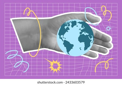 International education banner. Planet Earth in collage hands in retro style with doodle element. Global and worldwide learning. Vector illustration.