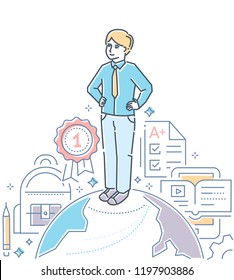 International education - colorful line design style illustration on white background. High quality composition with a happy boy, student standing on globe. Images of school bag, medal, test, gadgets