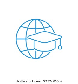 International education concept, global learning, online courses, internet university class, distance e-learning. Vector linear icon isolated on white background.