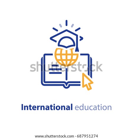 International education concept, global learning, online courses, internet university class, distance e-learning, vector line icon