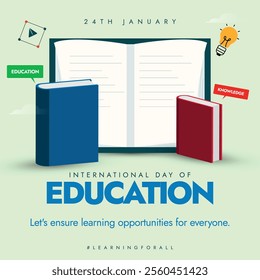 International Education Day. Education Day awareness social media post with Books, Novels, Educational icons, Idea Bulb. Education is important for everyone.