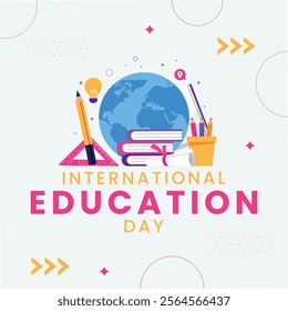 International Education Day celebration design featuring books, globe, stationery, and vibrant elements. Ideal for educational awareness campaigns, social media posts, flyer, and learning-themed.