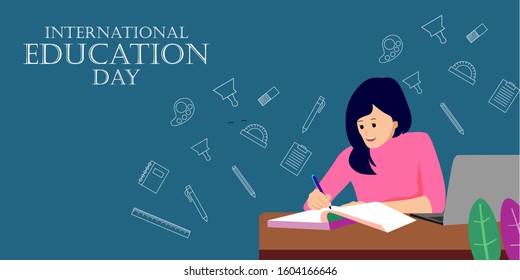 International education day. Cute girl studying vector illustration.